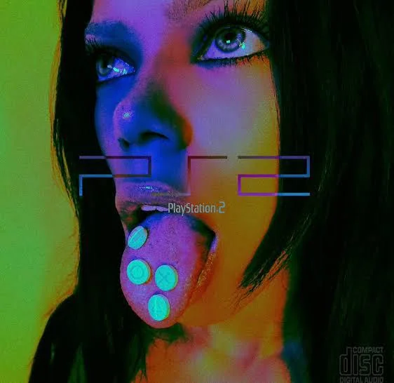 Playstation 2 Ad, Woman with 4 pills on tongue with playstation's x square circle and triangle icons engraved on each