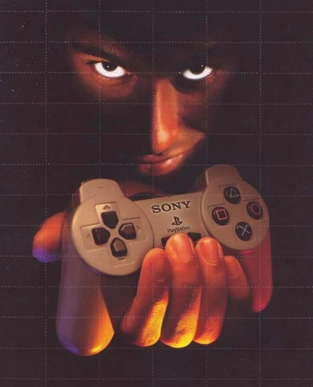 PS1 Ad, surreal image of man holding PS1 controller